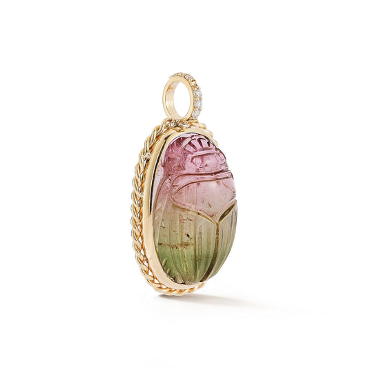 Hand Carved One-of-Kind Watermelon Tourmaline Scarab with Diamond Bail