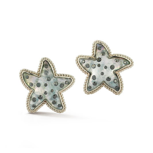 Hand Carved Rock Crystal and Black Diamond Starfish Earrings