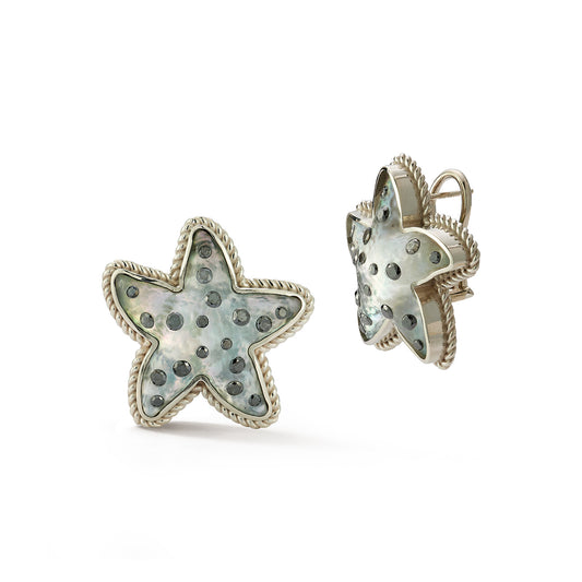 Hand Carved Rock Crystal and Black Diamond Starfish Earrings