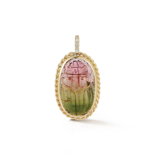 Hand Carved One-of-Kind Watermelon Tourmaline Scarab with Diamond Bail